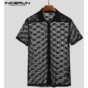 Incerun Mannen Mesh Kant Shirt See Through Plain Revers Korte Mouwen Blouse Party Nachtclub Shirts Mannen Zomer Slanke Clubwear Blouse