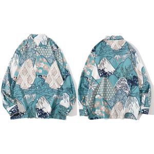 Gonthwid Landschap Mountain Cloud Blad Bloemen Print Casual Lange Mouwen Shirts Hawaiian Beach Party Hip Hop Harajuku Blouse Tops