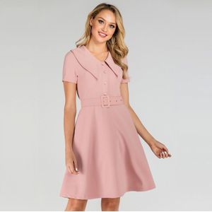 Korte Mouwen Vintage Office Dames Vrouwen Midi Jurken Roze Avondfeest Vrouwelijke Retro Chic Midi Jurk