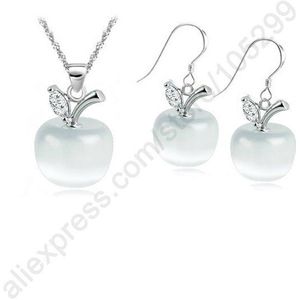 Snelle S925 Sterling Zilver Rood Apple Cat &#39;S Eye Stone Cz Ketting Hanger Oorbellen Sieraden Sets