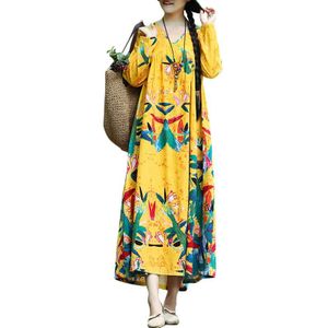 Etnische Boho Jurk Vrouwen Vintage Katoen Linnen Jurk Contrast Print Lange Mouwen Gewaad Vrouwelijke Herfst Maxi Lange Jurk Oversized