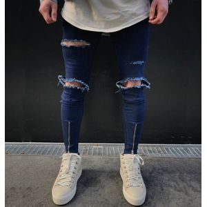 Street Hiphop Mannelijke Slim Fit Jeans Mannen Knie Groot Gat Denim Broek Ripped Bedelaars Punk Gothic Blauw Gewassen Jeans kostuums