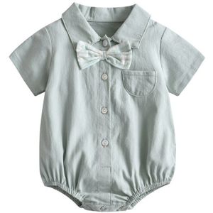 Toddler Baby Boy Romper Summer Casual Solid Bow Lapel Bodysuits for Infants Cotton Short Sleeve Kids Clothes Boys Costumes