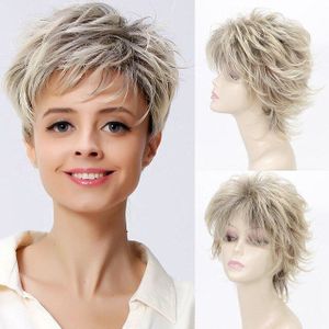 MISS PRUIK Zwart Gemengde Blonde Rechte Pruik Korte Pixie Kapsel Stijl Pruiken Voor Witte Vrouwen Synthetisch Haar Hoge Temperatuur Fiber