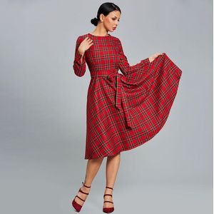 Sisjuly Vrouwen Jurk Plaid Red Party Jurken Casual O Hals Lange Mouw Patchwork EEN lijn Dag Vrouwelijke Dikke Vintage jurk