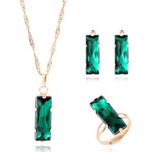 Rood/Groen Goud Kleur Zirconia Crystal Sieraden Sets Gesimuleerde Parel Ketting Oorbellen Ring Water Pauw Blauw Sieraden