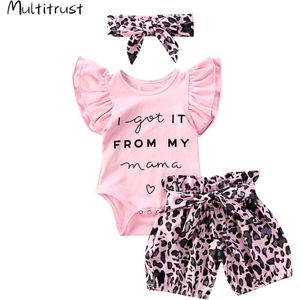 Baby Meisjes Jongens Kleding Sets Luipaard Brief Print Ruches Korte Mouw Bodysuit Tops Shorts Hoofdband 3Pcs