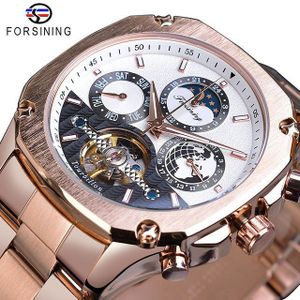 Forsining Mens Mechanische Horloges Super Grand Automatische Moonphase Tourbillon Aarde Datum Rose Gold Steel Belt Horloge Relogio