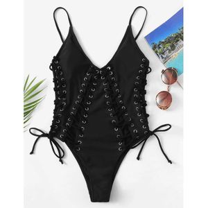 Solid Een Stuk Badpak Vrouwen Backless Diepe V-hals Lace Up Sexy Bodysuits Strand Badpak Badmode Hollow out Monokini