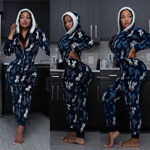 Kerst Vrouwen Pyjama Set Winter Nachtkleding Print Jumpsuit Casual Stijl Lange Mouwen Rits Hooded Romper Homewear Nachtkleding