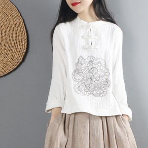 Traditionele Chinese shirt lange mouw mandarijn kraag blouses vrouwelijke zen kleding wit katoen linnen blouse AA4617