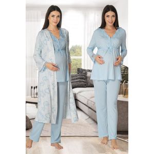 Lohusa Hamile 8094 Bloemen Patroon Moederschap Gewaad En Moederschap Pyjama Blauwe Kleur 3 Stuks Samen