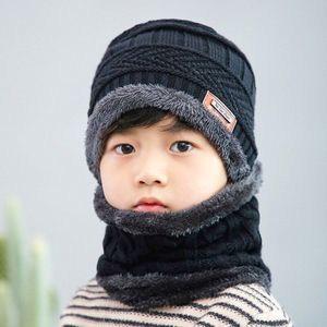 Winter Children Knitted Hat Ring Scarf Sets Kids Warm Baby Plus Velvet Thick Soft Cap Boys Girls Fleece Lining Beanies