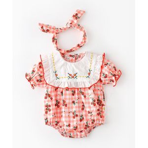 1851B Baby Meisje Kleding Bloemen Bodysuit 2022 Zomer Koreaanse Meisje Bloemen Revers Geborduurde Plaid Een Stuk Kleding
