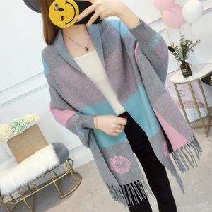 Vrouwen Herfst Winter Trui Sjaal Pashmina Ponchos Capes Sjaal Vrouwelijke Plaid Patchwork Leisure Lange Mouwen Losse Vest Z140