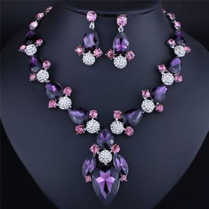 6 Kleuren Verklaring Luxe Crystal Water Bridal Ketting Oorbellen Set Vrouwen Rhinestone Zilveren Kleur Ab Kleur Sieraden Set