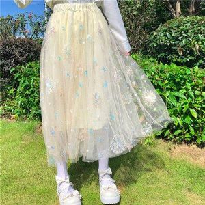 Paardebloem Lovertjes Geborduurd Drie-Layer Rok Hoge Taille Slanke Mid-Lengte Fee Mesh Rok Kawaii Kleding Zoete Lolita rok