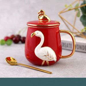Flamingo Keramische Mok Cup Paar Koffie Cup 3D Handgeschilderd Patroon Rood Groen 400 Ml Creatieve Kantoor Water Mok