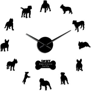 Amerikaanse Bully Diy Giant Wandklok Hond Ras Bully Pit Decoratieve Acryl Spiegel Muur Art Stickers Moderne Grote Frameloze Horloge