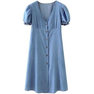 Kpytomoa Vrouwen Chic Button-Up Denim Midi Jurk Vintage V-hals Bladerdeeg Mouw Zijsplitjes Vrouwelijke Jurken vestidos Mujer