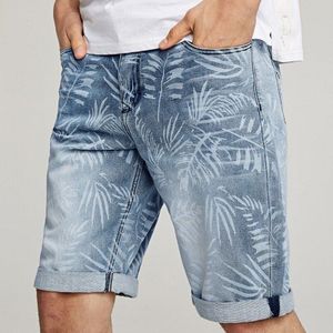 Zomer Mannen Denim Casual Print Rechte Knie Lengte Broek Straat Rits Blauwe Korte Jeans Slim Pocket Elastische Shorts