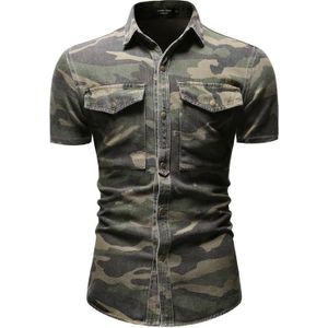 Camouflage Denim Shirt voor Mannen Korte mouwen Casual Sociale Jurk Jeans Shirt Mannelijke Zomer Blouse Mannen