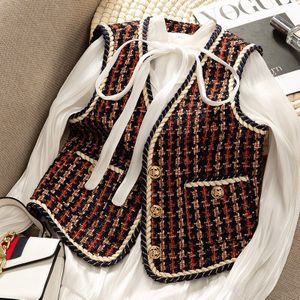 Rode Tweed Vest Vrouwen Mode Korte Vest Vesten All-Matching Celebrity Stijl Plaid Fringe Vest Voor Vrouwen