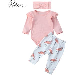 Brand Baby Peuter Pasgeboren Baby Meisjes Romper Lange Mouw Tops Flamingo Broek Hoofdband 3Pcs Kleding Set Outfits 0-18M