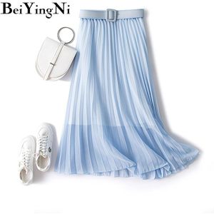 Beiyingni Vrouwen Chiffon Riem Chiffon Rok Effen Geplooide Vrouwelijke Lange Maxi Shift Casual Rokken Lady Boho Vintage Koreaanse Saia Midi