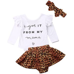 Peuter Baby Meisje Kleding Lange Mouwen Brief Print Romper Tops + Luipaard Rok + Hoofdband Herfst 3 Delige Sets Outfits