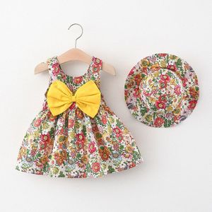 Zomer Baby Jurk Bloemen Leuke Beach Party Baby Mouwloze Meisjes Jurken + Hoed Verjaardag Kids Meisje Jurk