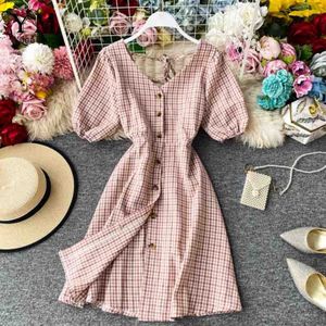 Yuoomuoo Elegante Vintage Plaid Print Backless Bandage Korte Jurk Summer Party Vrouwen V-hals Knoppen Shirt Jurk Vestidos