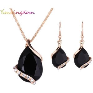 Yunkingdom Black Crystal Oorbellen Kettingen Sets Goud Kleur Sieraden Sets voor Vrouwen Geometrische Bruiloft Sieraden