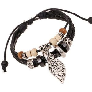 Multilayer Lederen Armband Zilver Kleur Leaf Bedels Kralen Armbanden Voor Mannen Vintage Punk Wrap Armband Mannen Sieraden