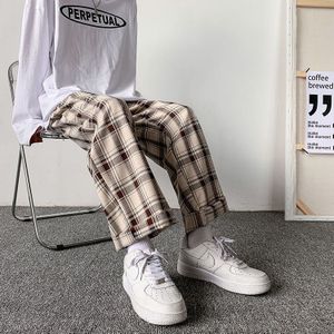 Mannen Casual Broek Plaid Losse Comfortabele Retro Alle-Wedstrijd Elastische Taille Ins Chic Wijde Pijpen Eenvoudige Mode Streetwear Koreaanse stijl