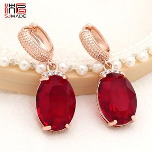 Sjmade Mode Temperament Ovale Grote Roze Opal Dangle Oorbellen 585 Rose Gold Zirconia Eardrop Voor Vrouwen Bruiloft Sieraden