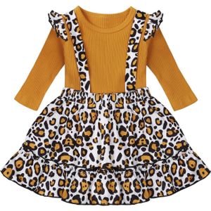 Meisjes Leopard Spotted Print Jarretel Rokje + Katoen Effen Kleur Top Pak