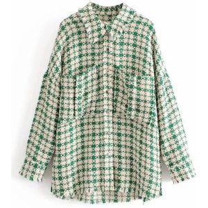 Vintage Chic Green Plaid Pockets Tweed Jassen Vrouwen Side Open Turn-Down Kraag Jassen Vrouwelijke Bovenkleding