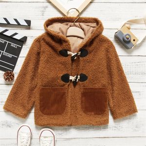Patpat Peuter Meisje Knop Pocket Hooded Fuzzy Bruine Jas