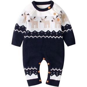 Focusnorm Baby Baby Meisjes Jongens Kerst Romper Lange Mouw Elanden Patroon Gedrukt Knit Warm Jumpsuit