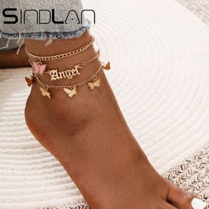 Sindlan 3Pcs Eenvoudige Gouden Vlinder Enkelbanden Armbanden Set Voor Vrouwen Gothic Brief Angel Meisjes Mode Zomer Sandalen Sieraden