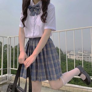 Zomer Japanse College Wind Jk Uniformen Korte Mouwen Studenten Wit Shirt + Hoge Taille Plaid Geplooide Rok Pak vrouwelijke