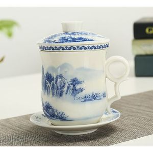 Chinese traditionele kopjes Thee cup met deksel Schotel blauw en wit porselein Theekopje Aardewerk Keramische koffie mok thee set
