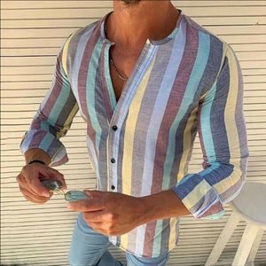 Mannen Mode Kleurrijke Streep Shirts Gedrukt Casual Slim Fit Lange Mouw Vierkante Kraag Mannelijke Social Business Tops