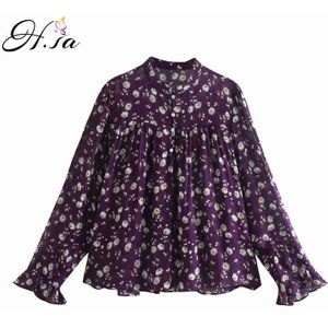 Hsa Vrouwen Bloemen Blouses Flare Mouw Vintage Stand Kraag Bloemenprint Casual Kimono Blouse Vrouwen Pleats Shirts