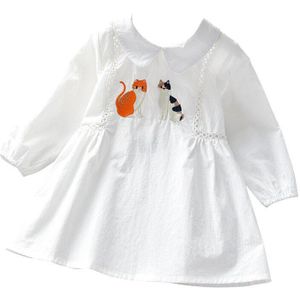 Meisje Lange Mouwen Dress Shirt Lente En Herfst Baby Geborduurde Kat Mid-Lengte Shirt Kinderen wit Overhemd