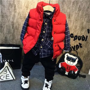 3PCS WLG jongens winter kleding set kinderen rood dikke vest plaid blauw fluwelen shirt en zwarte jean set baby jongen warme kleding 2-7 jaar