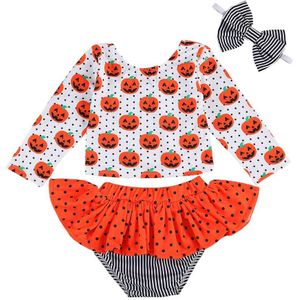 Halloween Baby Meisjes Jongens Kleding Sets 3Pcs Pompoen Print Lange Mouwen Trui Tops Gestreepte Ruches Shorts Hoofdband