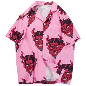 Harajuku Duivel Hoofd Shirs Zomer Strand Overhemd Hawaii Dunne Hip Hop Streetwear Heren Hawaiian Korte Mouw Roze Tees HH139