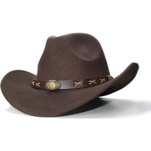 Vintage Vrouwen Mannen 100% Wol Brede Rand Cowboy Western Cowgirl Bolhoed Fedora Cap Koffie Lichtmetalen Bead Lederen Band 57 cm/Aanpassen